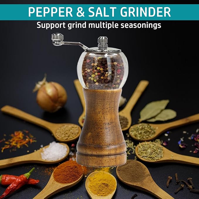 Salt and Pepper Grinder Set Manual Pepper Mill Set Classical Hand Shake Wooden Pepper Grinder Salt Mills Ceramic Blades Metal Handle, Enjoy Fresh Ground spices (Antique 1pcs-6in)