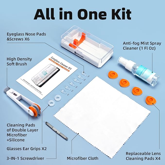 Ordilend Glasses Cleaner, Glasses Cleaning Kit with Eyeglass Cleaner Spray, Eyeglass Lens Cleaner, Microfiber Cleaning Cloth,Portable Eyeglass Repair Kit with Screws, Safe for All Lens(White)