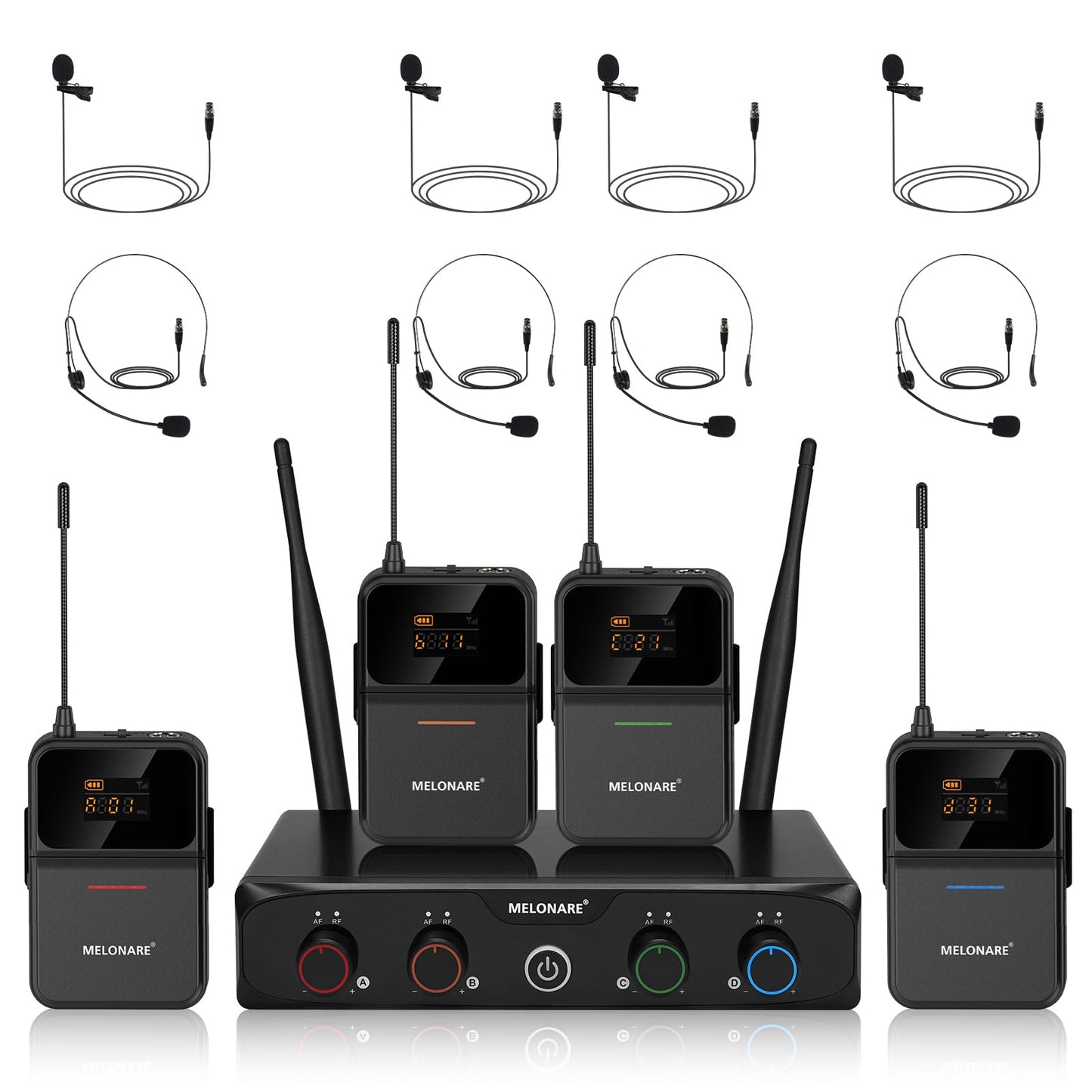 MELONARE 4-Channel Wireless Microphone System,UHF Compact Cordless Mic Set w/ 4x10 Frequencies, 200ft Range, 4 Bodypacks & Heads