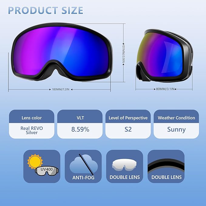Ski Goggles for Men Women, OTG Snow Goggles, UV Protection Snowboard Goggles for Adult & Youth, Snowmobile, Sledding