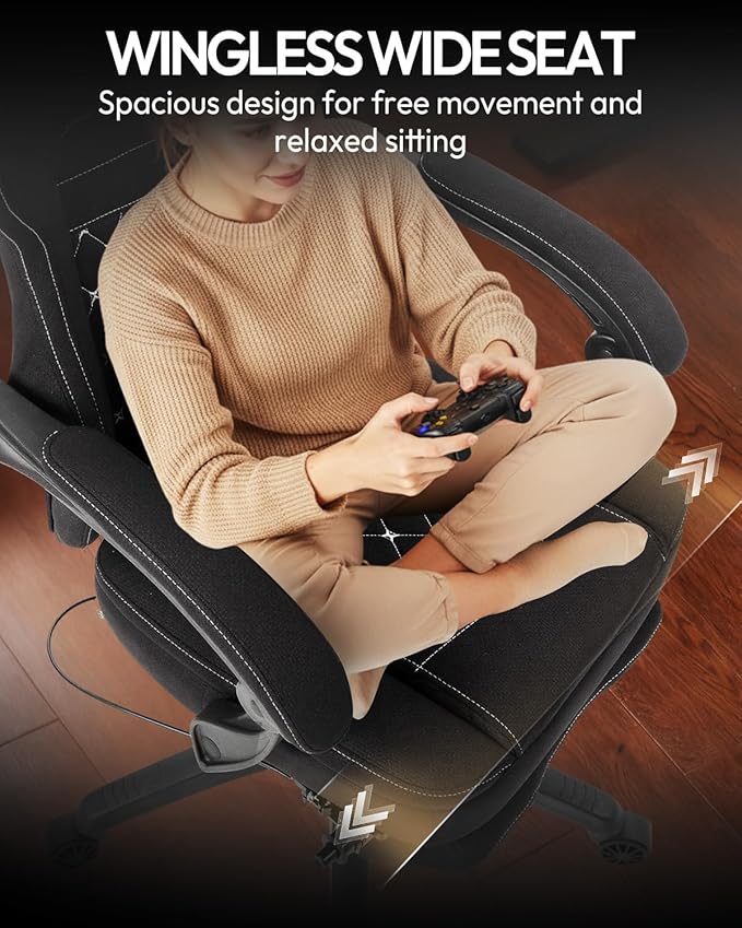 Dowinx Gaming Chair with Footrest, Breathable Fabric Gamer Chair with Gel Pad and Storage Bag, Ergonomic Office Chair with Lumbar Support for Home Task, Black