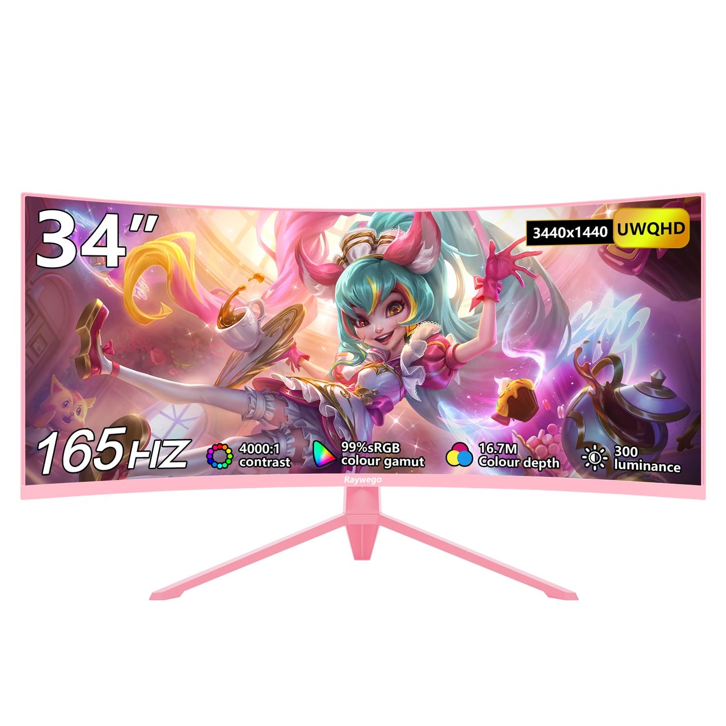Raywego 34 inch Pink Curved Gaming Comupter Monitor 165Hz UWQHD 3440x1440,1500R -PIP,1ms (MPRT),HDR, 300nits,sRGB99%,FreeSync,HD
