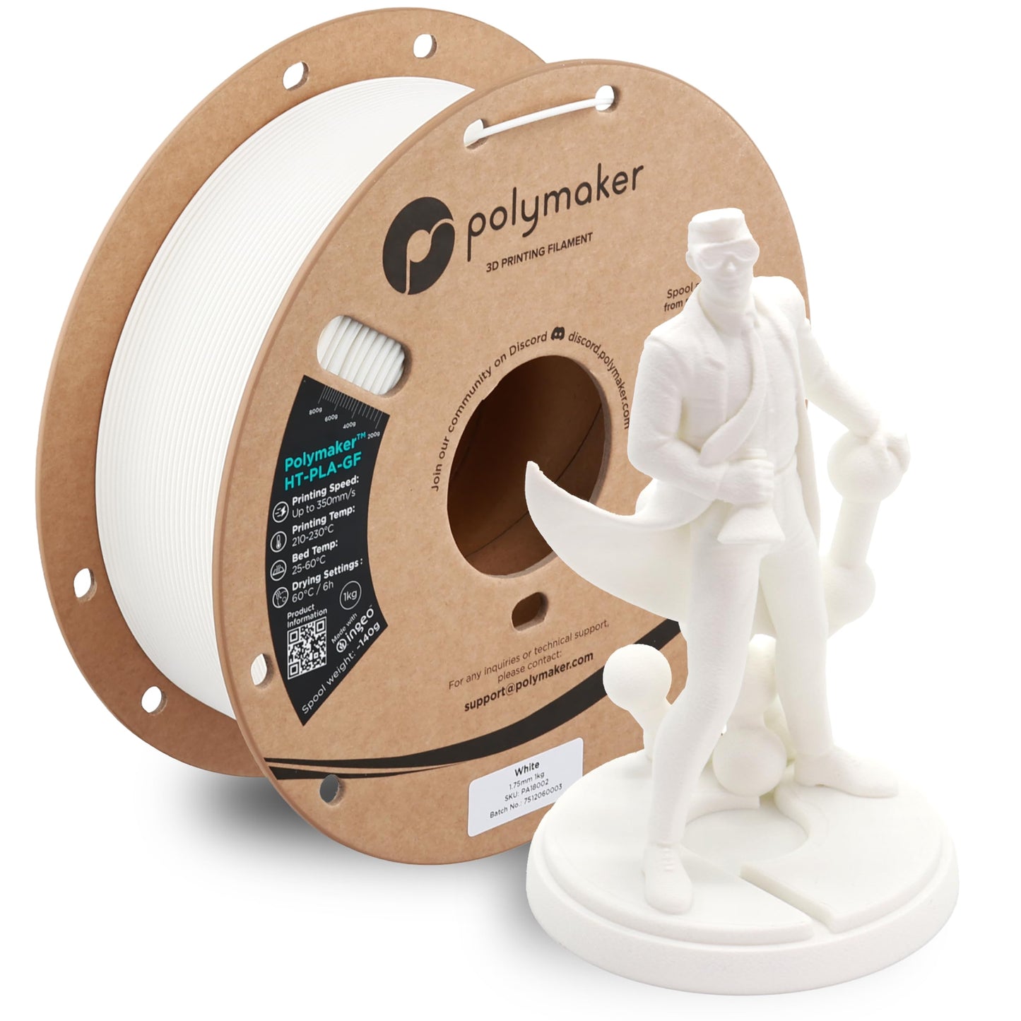 Polymaker HT-PLA-GF Filament 1.75mm White, High Temp PLA for 3D Printing, Heat Resistant to 150C, Easy to Print, Easy to Anneal,