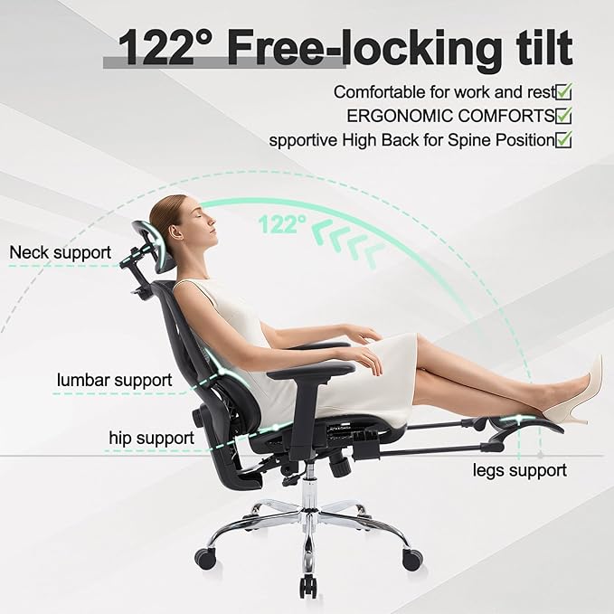 High Back Mesh Office Chair with Footrest,Ergonomic Office Chair w/ 3D Lumbar Support,Comfy Home Office Desk Chair for Work & Computer Gaming, 400LBS, Black