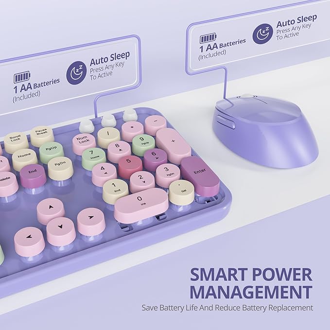 Owpkeenthy Purple Keyboard and Mouse Wireless, Cute Retro Full-Size Cordless Keyboard with Number Pad 2.4 GHz Wireless USB Receiver for Computer/Laptop/Windows/Mac(Coloful Purple)