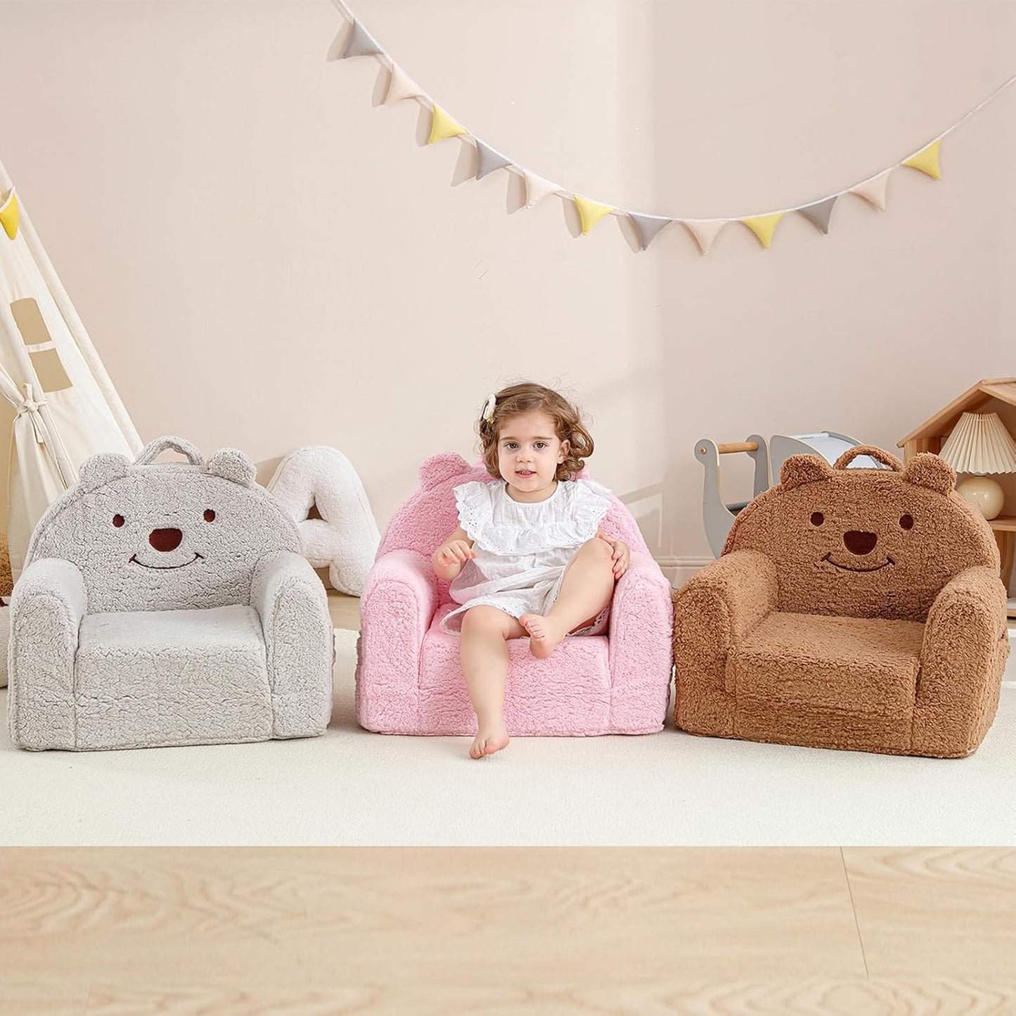 Toddler Chair,Sherpa Bear Kids Chair,Toddler Couch Fold Out,Children Reading Chair,Flip Out Kids Couch,Toddler Sofa Convertible for Age 1-3(Brown Bear)