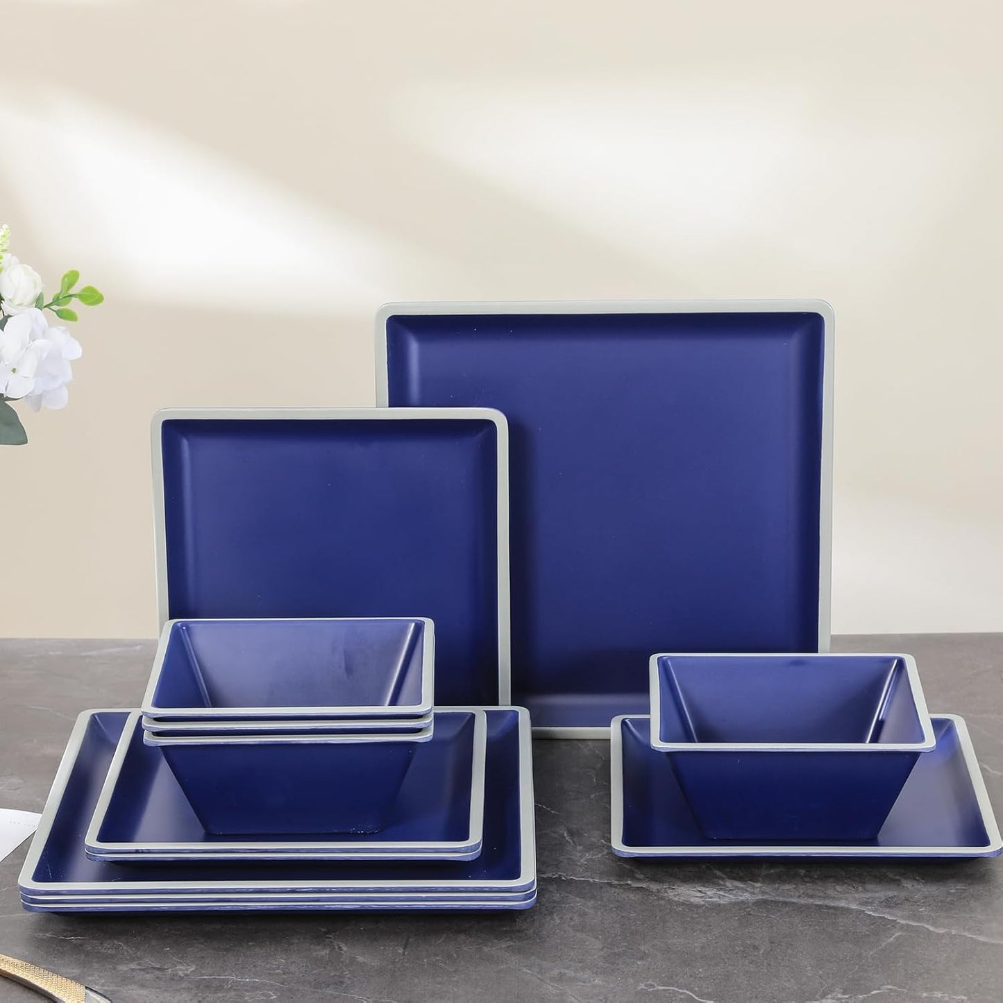 Square Melamine Dinnerware Sets, Durable Square Dinner Plates and Bowls Set,12-Piece Set Non-breakable Lightweight Dinner Tableware Sets, Service for 4
