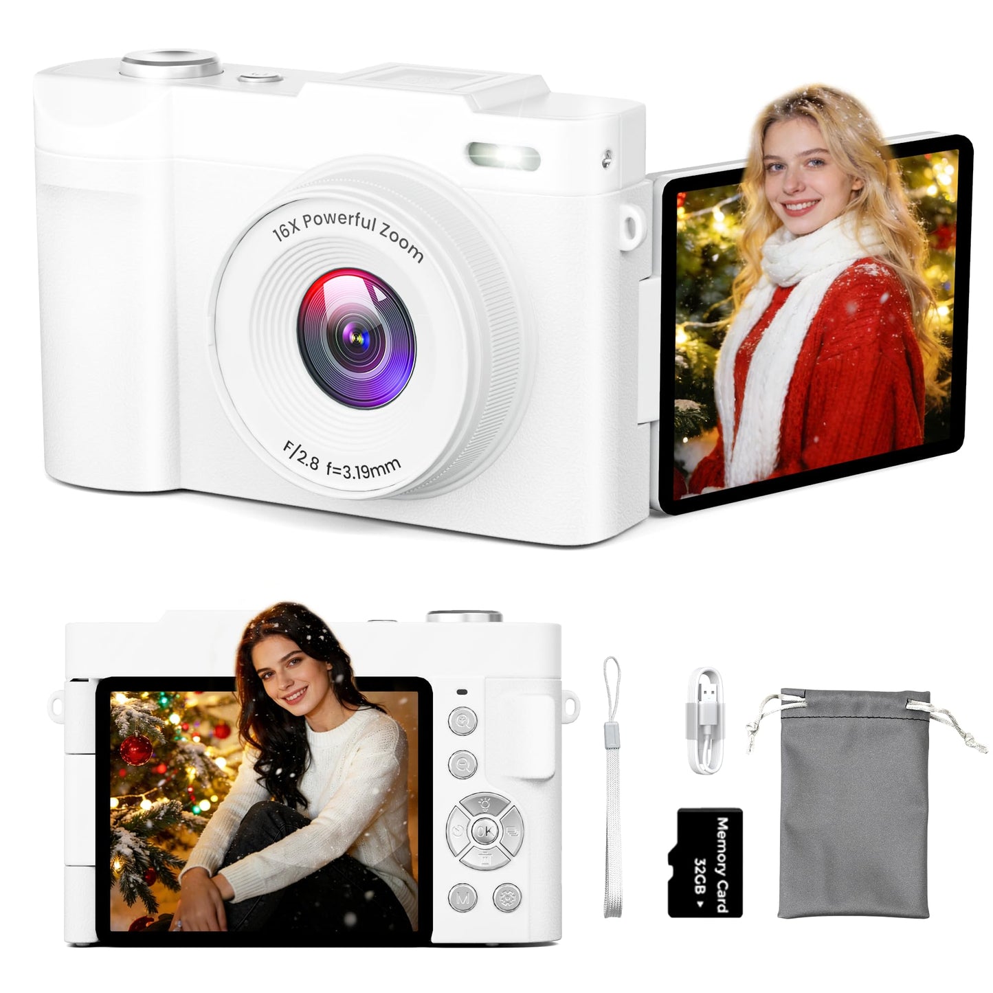 4K Digital Camera for Photography, Small Vlogging Camera with Flip Screen for YouTube, 50MP 16X Zoom, Portable Travel Cameras wi