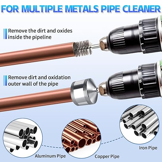 Boltigen 8mm Hex Shank Copper Pipe Cleaner Set, 1/2'',3/4'',1'' Copper Tube Cleaning for Drill with Replaceable Cleaner Brush Blades and Pipe Brushes