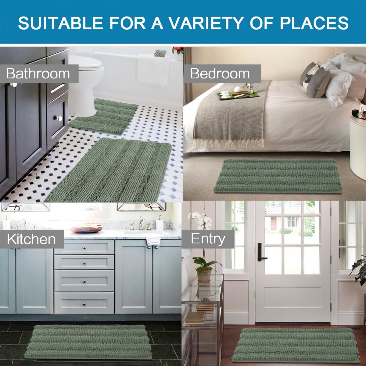 H.VERSAILTEX Bathroom Rugs Bath Rug Set 2 Piece Bathroom Contour Rug Toilet Mat Non Slip Contour Bath Rug Ultra Thick Water Absorbent Striped Bath Mats Washable(47" x 17" Plus 20" x 20" U, Green Bay)