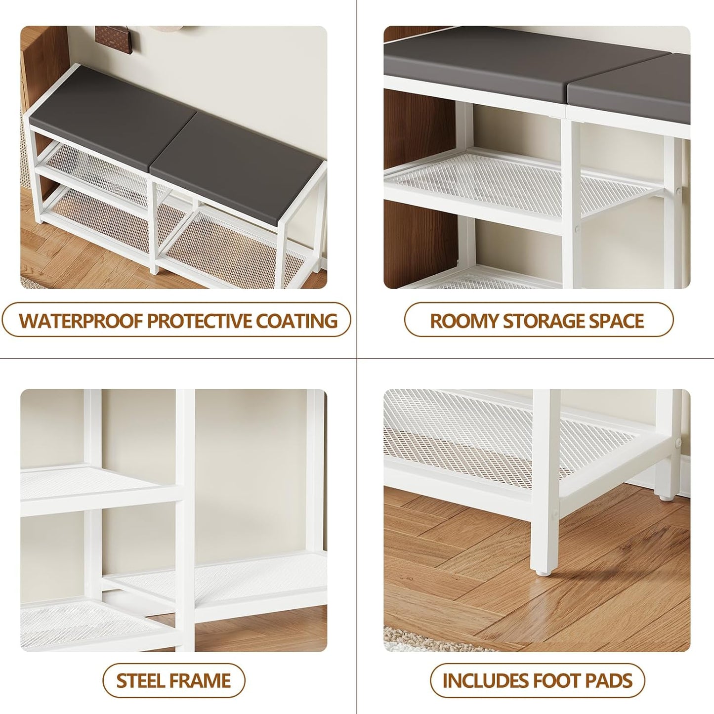 ZHOOGE Shoe Bench & Rack Storage Bench with Seat Cushion, Stable Entryway Bench Holds Up to 300 lb, (35" L x 12" W x 17" H, White)