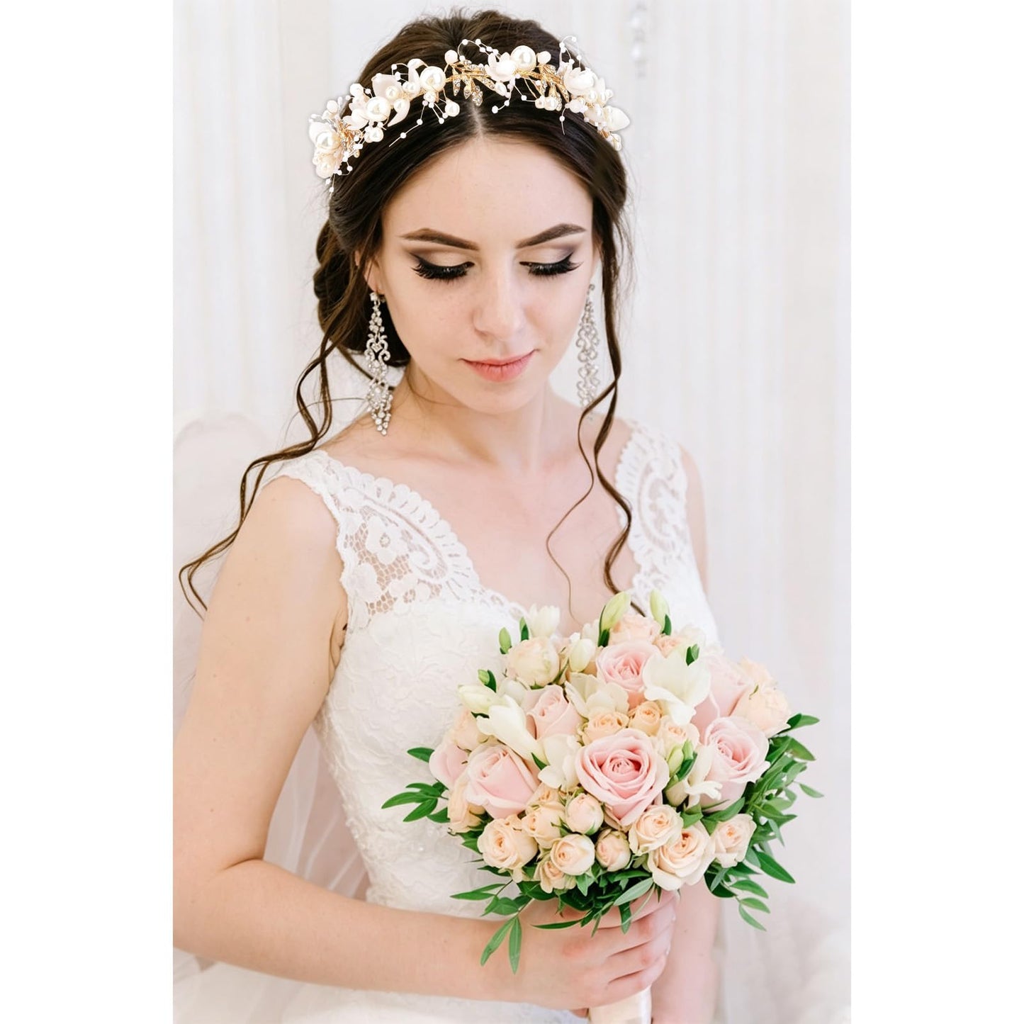 Semato 2 Pcs Flower Girl Headpiece for First Communion Headpiece Princess Tiara Crown with Rhinestone and Pearl Headband Floral Wedding Prom for Girls and Women (Gold)