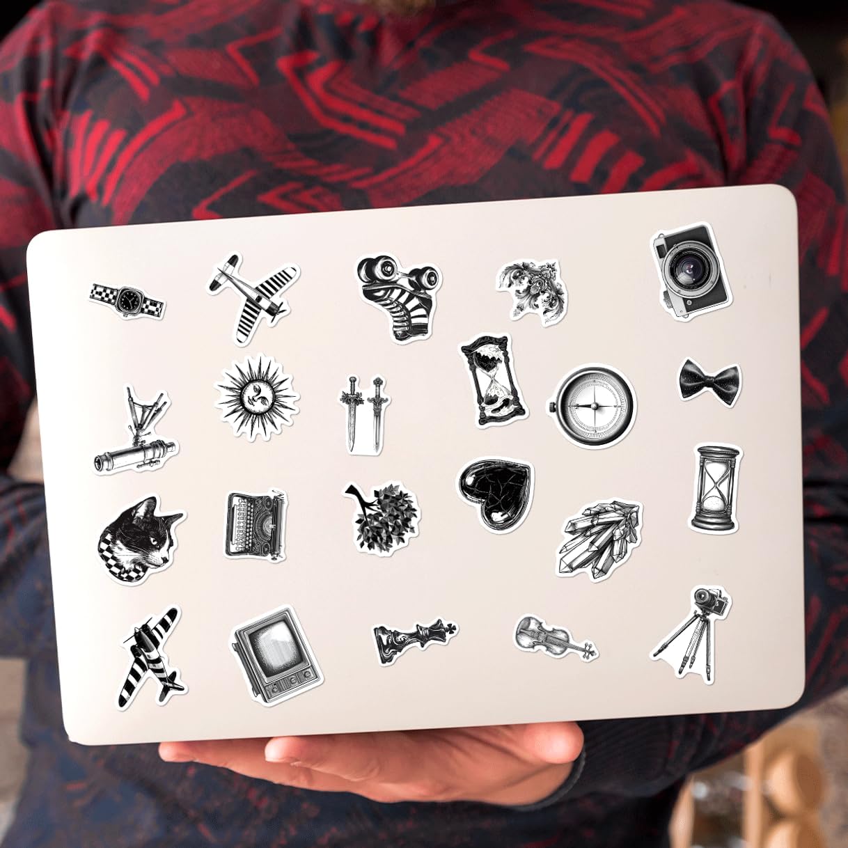 Vintage Science and Curiosity Stickers Pack 108Pcs Black White Retro Vinyl for Journals Laptops Scrapbooking DIY Crafts Students Thinkers Laptop Bike Wall