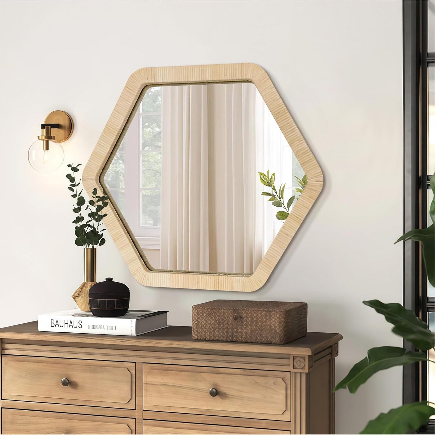 ULIKE Rattan Mirror for Wall, Bathroom 24 Inch Rustic Farmhouse Wall Decor with Handmade Wicker Frame, Boho Woven Mirror for Nursery Bedroom Living Room Entryway