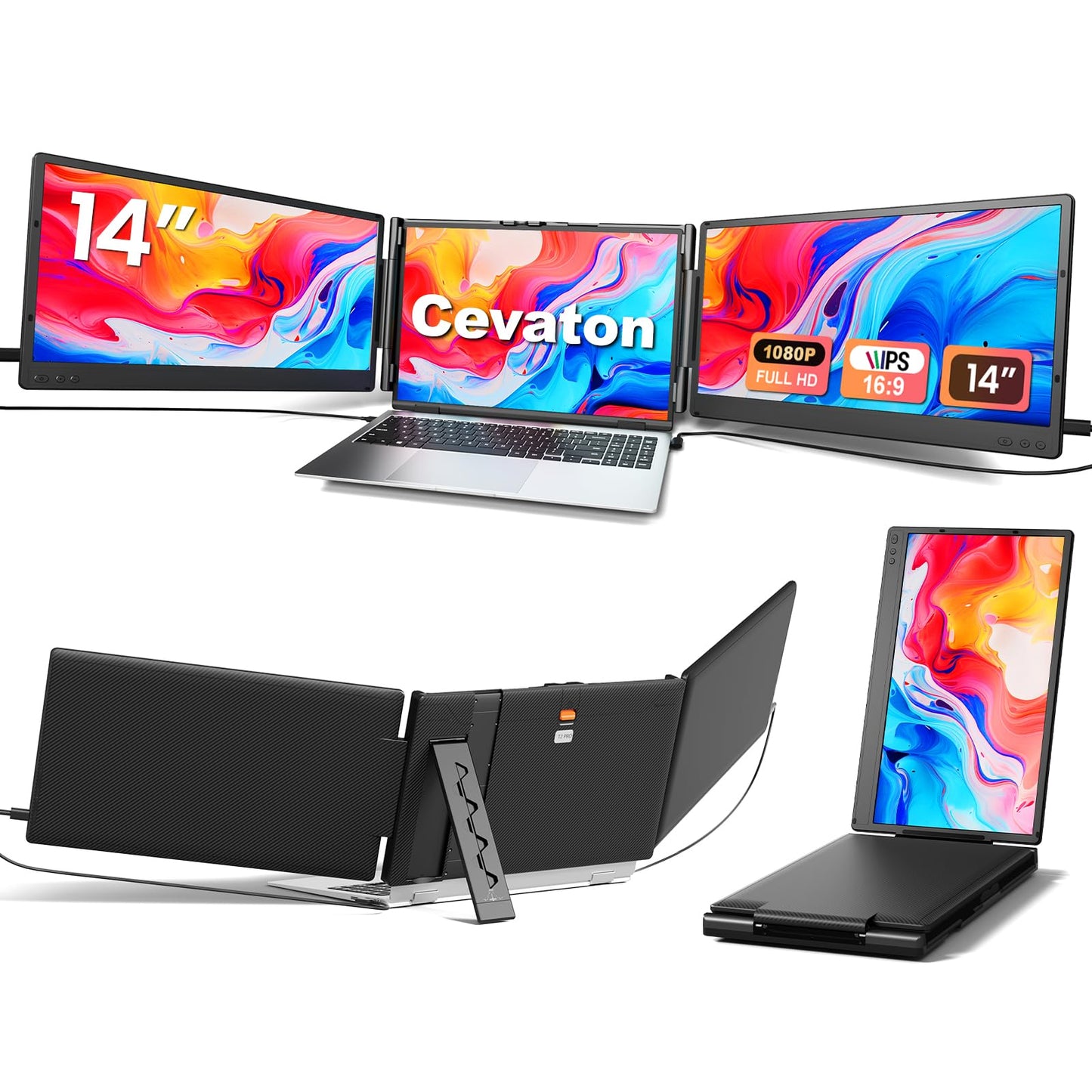 Cevaton Laptop Screen Extender, 14 FHD 1080P Triple Portable Monitor, Plug & Play Screen Extender, Auto Adjust Width Dual Monito