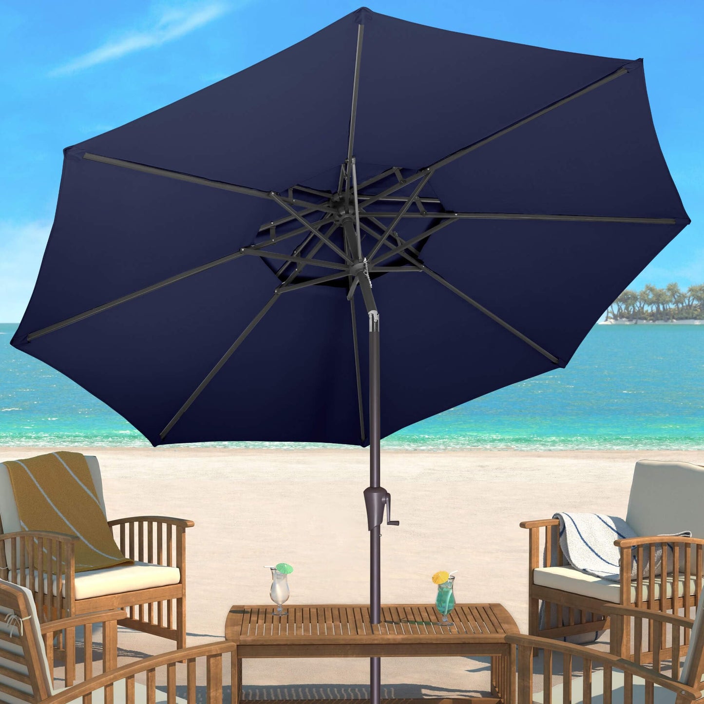 AckMizz 9FT Outdoor Patio Umbrella - 2 Tiers Table Umbrella Waterprool UV Protection, Sombrillas de Patio with Push Button Tilt, Sun Umbrella for Pool, Porch, Garden, Backyard (Navy Blue)