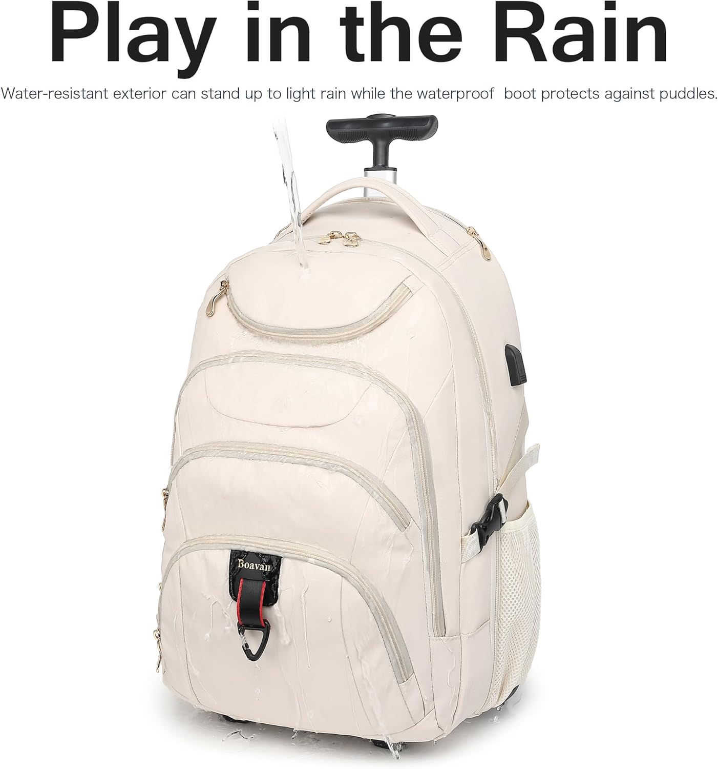Boavan Rolling Backpack for Women, 17.3 Inch Wheeled Laptop Backpack,Large Travel Carry-On Bag for Teachers College Students, USB Charging Port Waterproof Business for Airplane Overnight Luggage,Beige