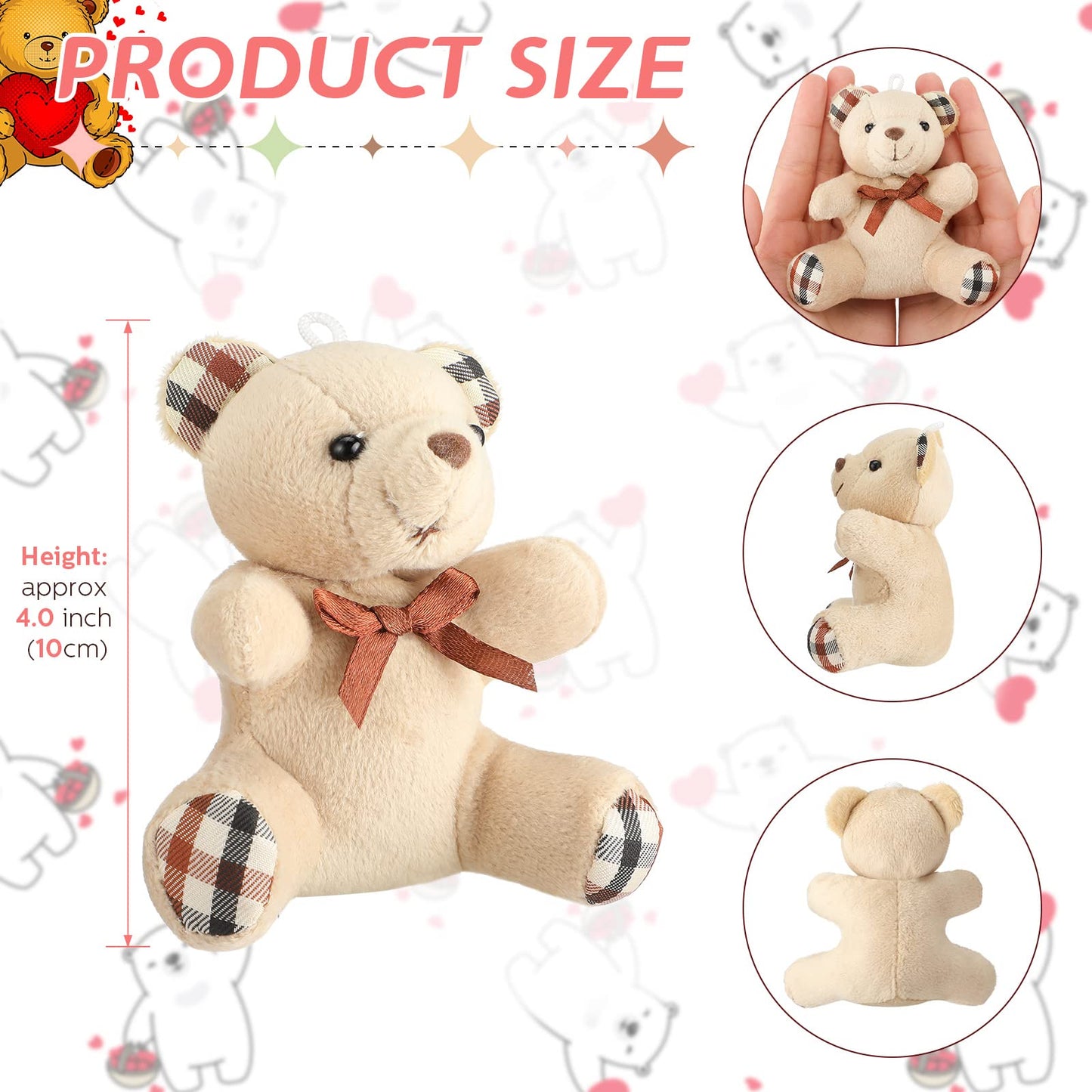Skylety 16 Pcs Mini Plush Bear Bulk 4 Inch Bear Stuffed Animal Toy Doll Small Soft Keychain Gifts for Birthday Baby Shower Wedding Party Favor(Light Brown, Dark Brown, Pink, Beige)
