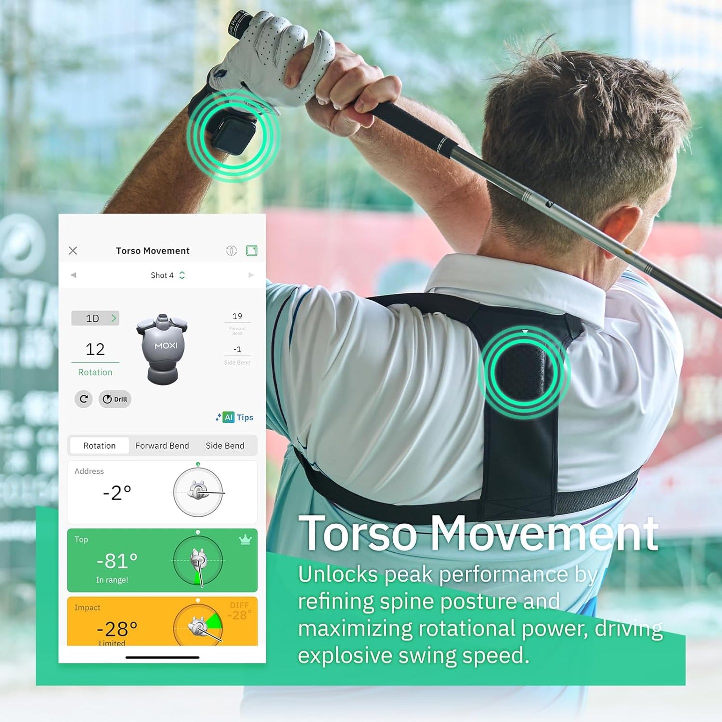 MOXI SwingMotion Golf Swing Analyzer – Dual Wearable IMU Sensors for Real-Time BioFeedback & 3D Visualization via App – Improve Wrist, Torso, Hip & X-Factor with 4 Training Modes