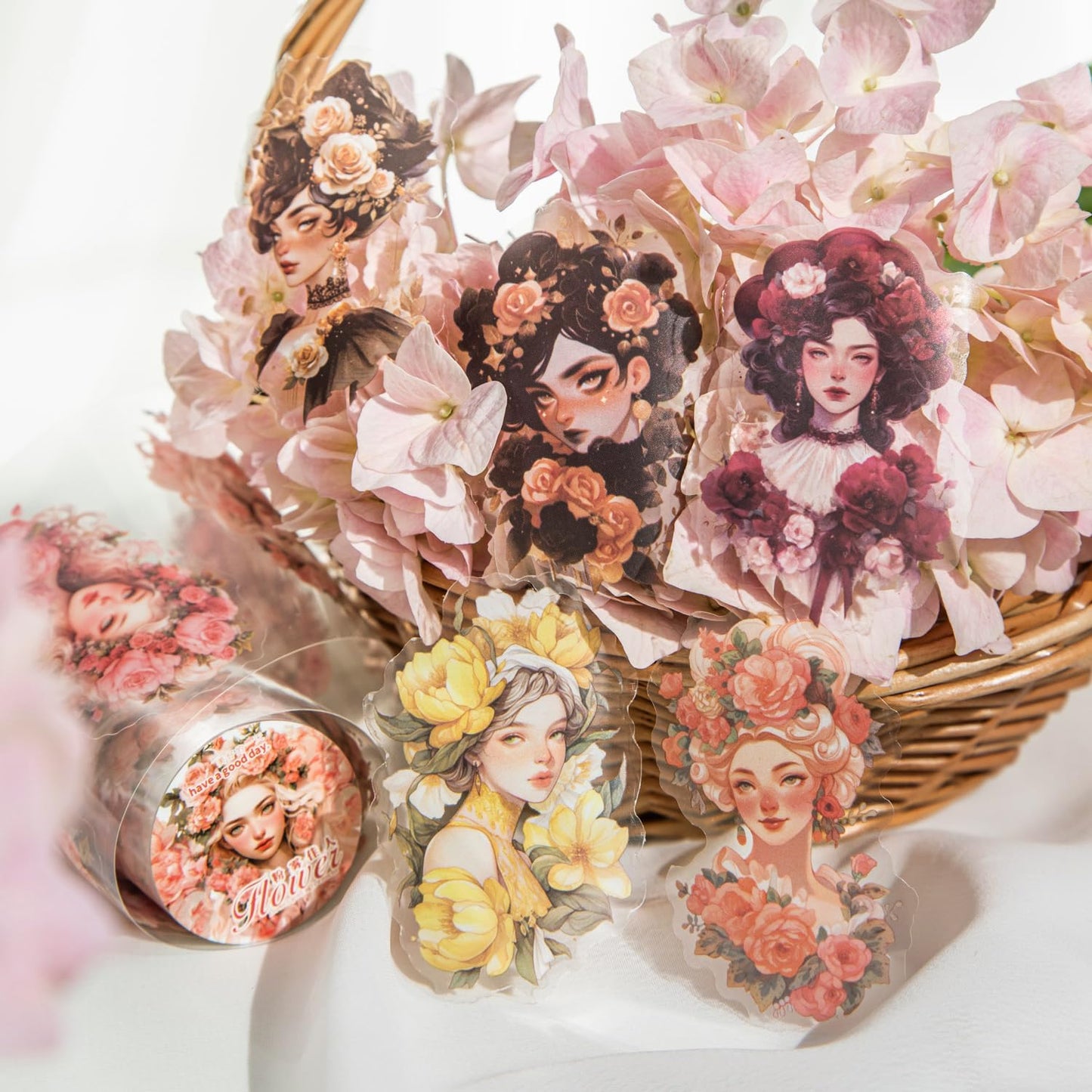 6 Pcs Flower Girl Scrapbook Tapes, Pre-Cut PET Tapes Aesthetic Stickers for Journaling, Scrapbook Supplies, and Ephemera, with Decorative Clip