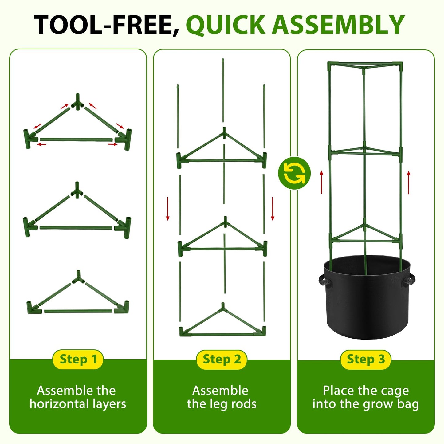 Suntee 3 Pack Tomato Cage with 10 Gallon Grow Bags, 48 Inch Tomato Cages for Garden Patio Balcony, Adjustable Height Tomatoes Plant Support for Climbing Vegetables Plants Flowers