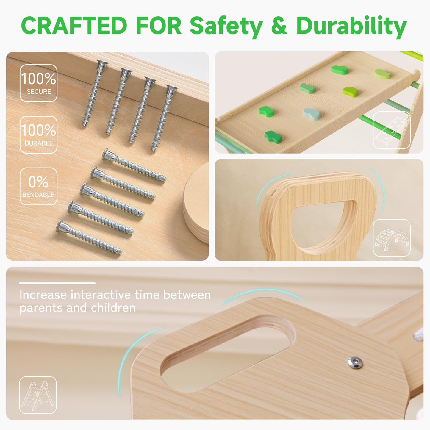 ZippyZebra Large pikler Triangle Set with Cushion,7 in 1 Foldable Baby Jungle Gym with Ramp & Arch,Wooden Montessori Toddler Climbing Toys Indoor for Toddlers 1-6 Year Old (Green)