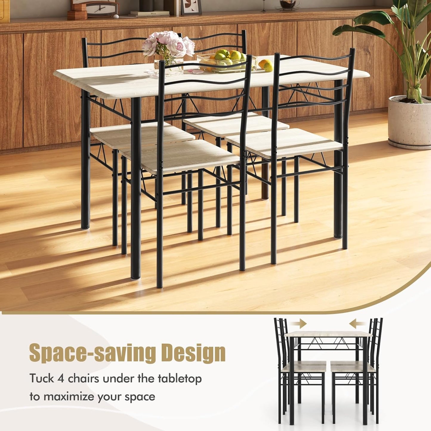 5 PCS Dining Table Set Counter Height Table and Chairs Set W/Steel Structure Dining Desk, 4 High Backrest Chairs & Anti-Slip Pads Dining Furniture Set for Kitchen and Restaurant(Beech Wood)