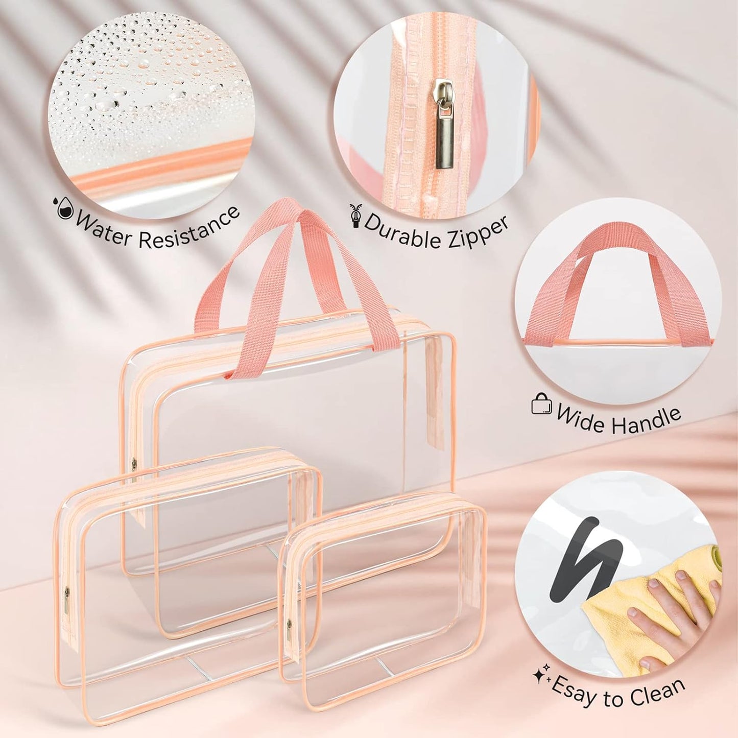 TISRATOK 10 PCS Clear Travel Makeup Toiletry Bag, Plastic PVC Cosmetic TSA Approved Organizer Kit with Zipper Handbag(Pink)