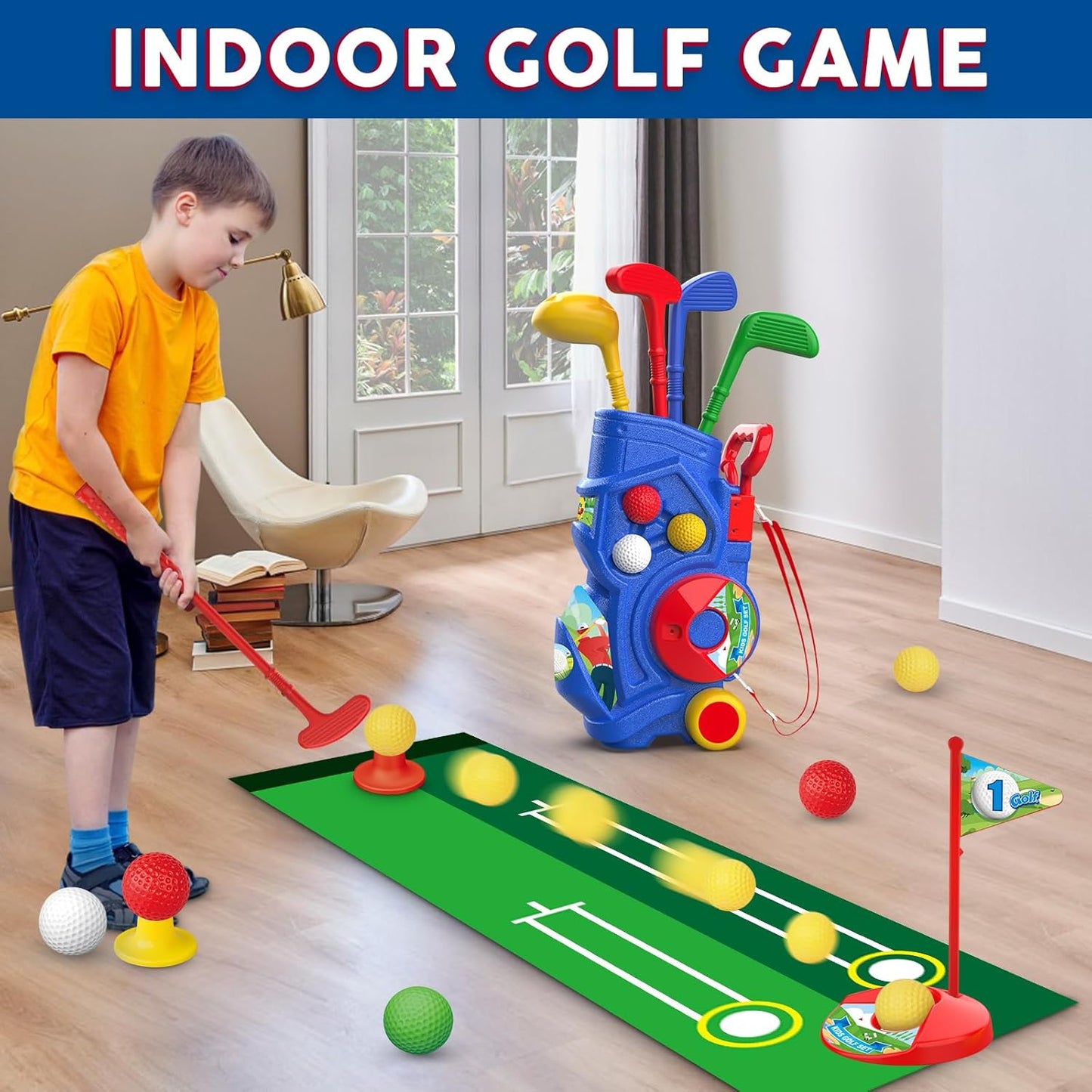 Letapapa Toddler Golf Set, Upgraded Kids Golf Clubs with Putting Mat, Toys for Boys 3 4 5+ Years Old, Indoor Outdoor Sports Golf Toys with 4 Clubs, 8 Balls, 2 Practice Holes, Shoulder Strap, 20 PCS