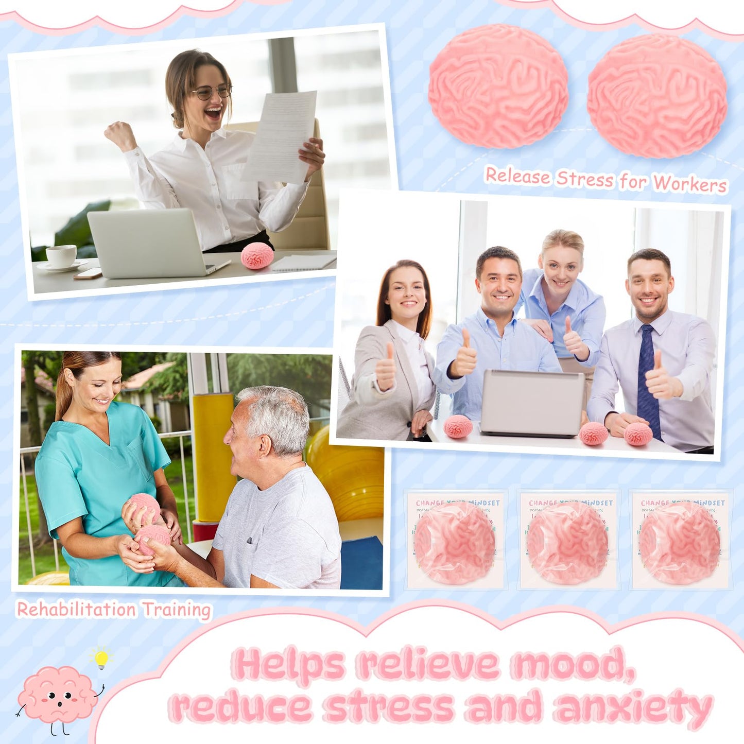Hollowfly 72 Set Growth Mindset Gift Brain Stress Balls Bulk with Motivational Cards Back to School Stress Balls Gifts Funny Relief Toy for Students Classroom Employee Appreciation for Coworker