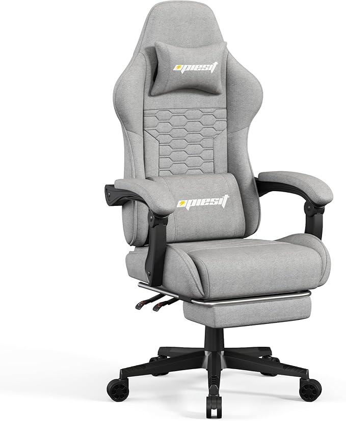 Gaming Chair,Fabric Computer Chairs with Lumbar Support and Massager,Ergonomic Office Chair with Footrest & Pocket Spring Cushion,Bearing 400 LBS(Grey
