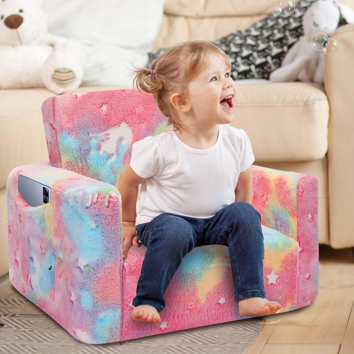 SLIGUY Kids Couch, Toddler Chair, Fold Out Kids Sofa Chair, Convertible Sofa to Lounger Pull Out Couch, Glow in Dark Sofa Chair Birthday Gifts for Boys and Girls (Pink)