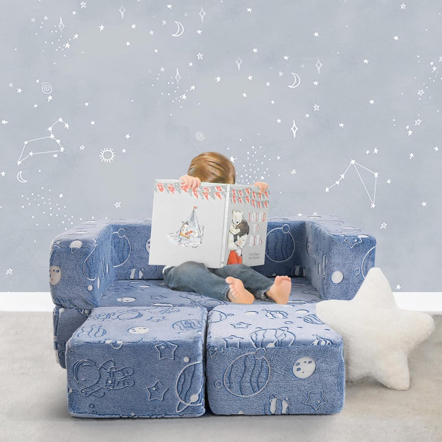 MeMoreCool Glow in The Dark Space Kids Modular Play Couch, Blue Fold-Out Foam Lounge Chair Sofa for Girls and Boys, Bedroom and Playroom