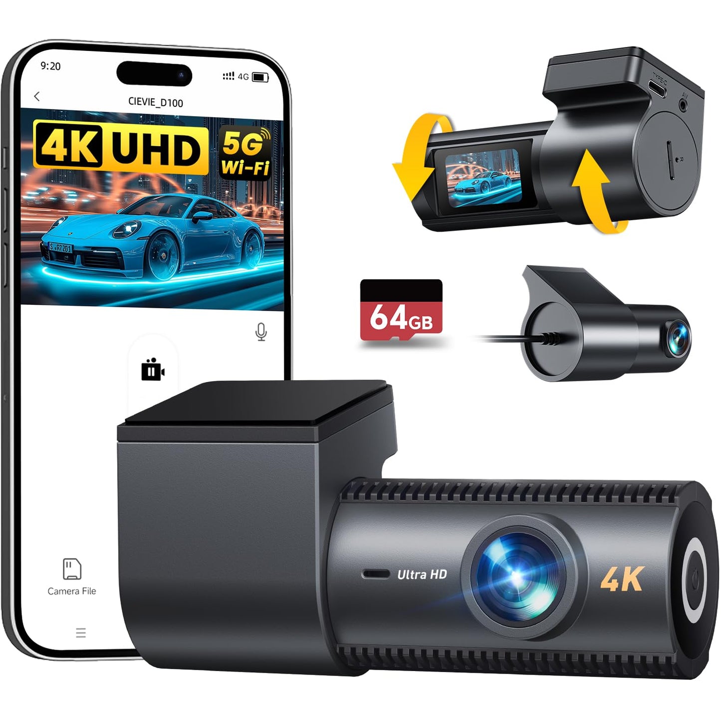 4K Dash Cam Front and Rear, 64GB SD Card, 1.5 IPS Display Car Camera, 5Ghz WiFi+App Control, Night Vision, 24H Parking Mode,