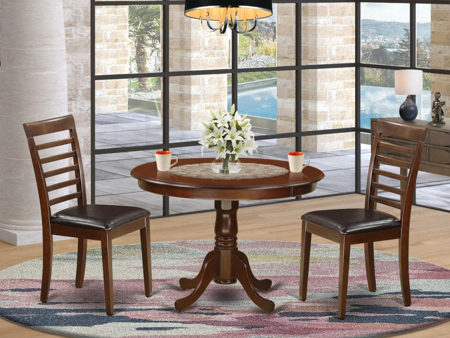East West Furniture HLML3-MAH-LC 3 Piece Dining Table Set for Small Spaces Contains a Round Dining Room Table with Pedestal and 2 Faux Leather Upholstered Chairs, 42x42 Inch, Mahogany