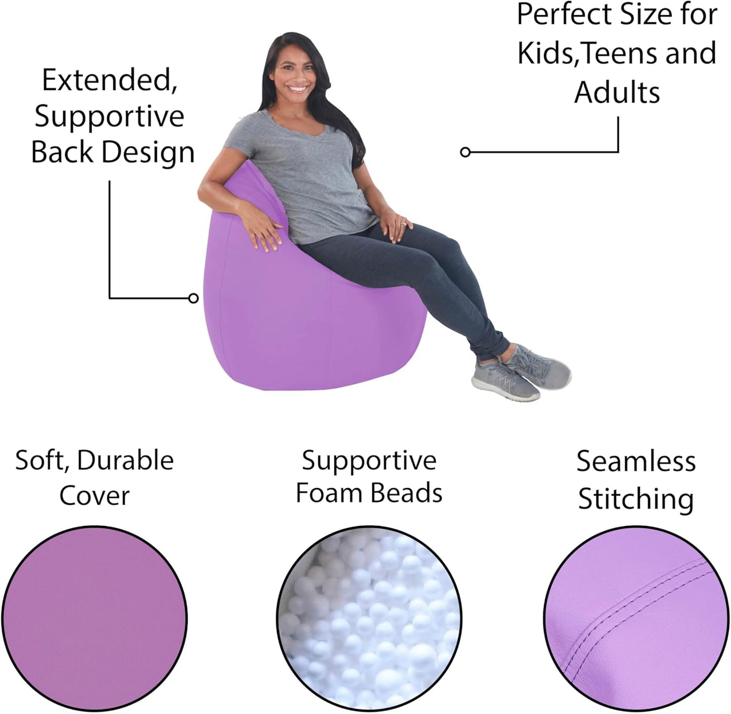 FDP SoftScape Dew Drop Bean Bag Chair with Supportive High-Back Design, For Kids, Teens and Adults, Alternative Seating for Dorms, Schools, Libraries, Daycares or Home - Lavender, 10479-LV