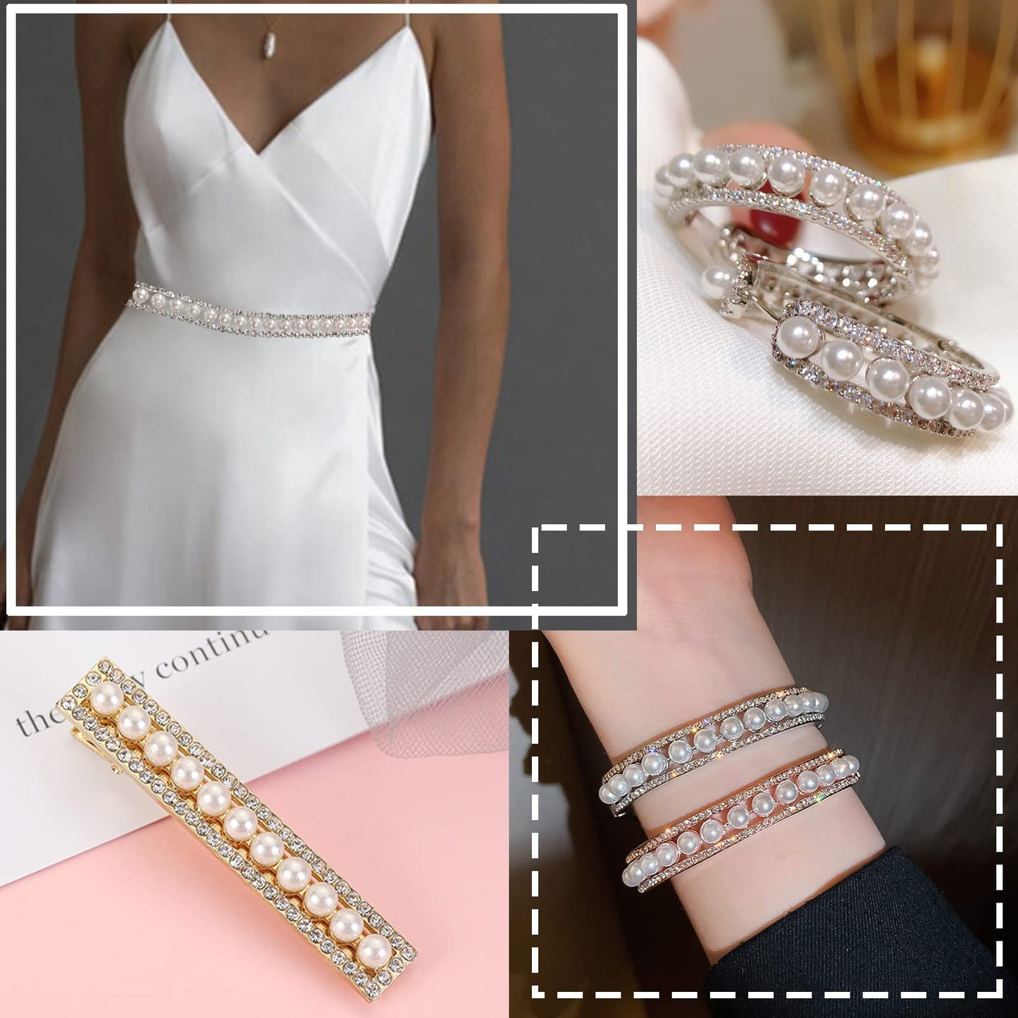 FQTANJU 1 Yard Crystal Rhinestone Trim Chain 2 Rows Crystal Chain Banding Diamond Inlaid White Pearl Beaded Rhinestones Applique for DIY Clothing Wedding Decorations and Bridal Embellishments
