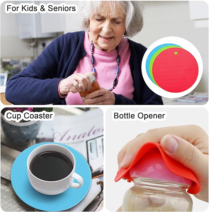 uxcell 3pcs Silicone Jar Opener Pads, 17.5cm/7" Texture Can Opener Multipurpose Round Bottle Lid Opener Non-Slip Coasters for Weak Hands Seniors Children, Blue, Green, Red