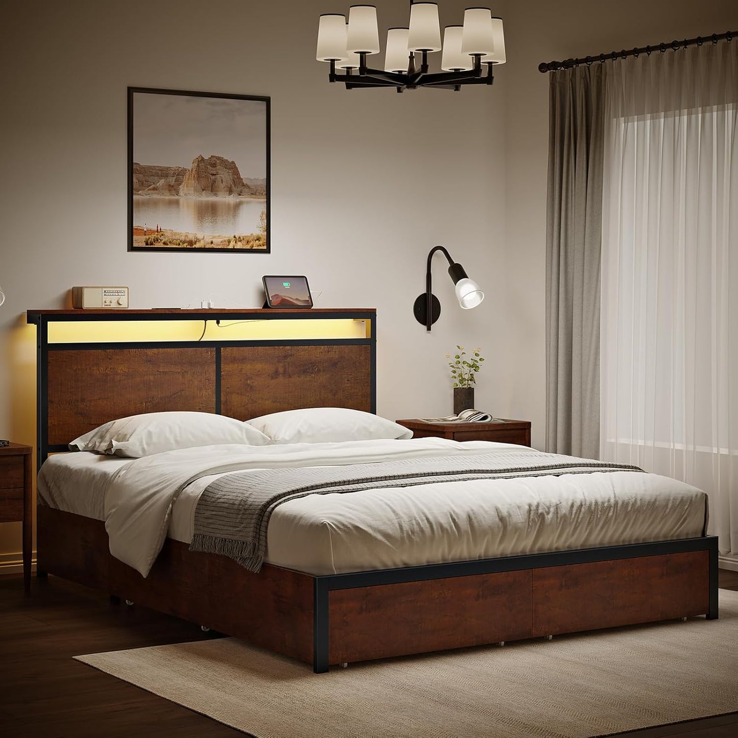 Queen Bed Frame with Storage Headboard and 4 Drawers Bed Frame Queen Size with Charging Station LED Lights Metal Platform Non-Slip Without Noise No Box Spring Needed