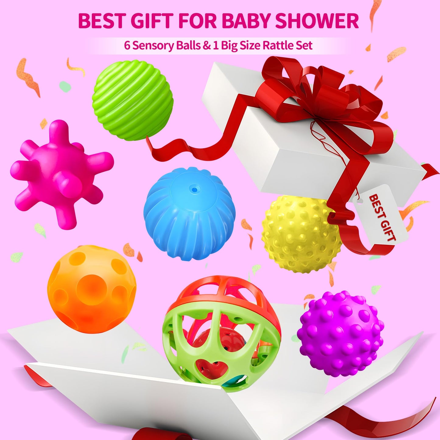 ROHSCE Textured Sensory Balls & Baby Rattle + Montessori Busy Board with Lights & Music, Hand Catching, Montessori Toys, Fine Motor, Travel Toy for Airplane/Car, Gifts for Babies 3–6M & Toddlers 1–3