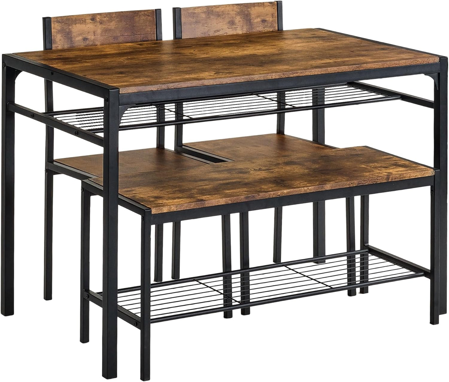 VECELO Kitchen Dining Room Table with 2 Chairs & Bench, Compact Space-Saving Design, Easy Assembly Steel Frame, Perfect for Small Apartments & Breakfast Nooks,Industrial
