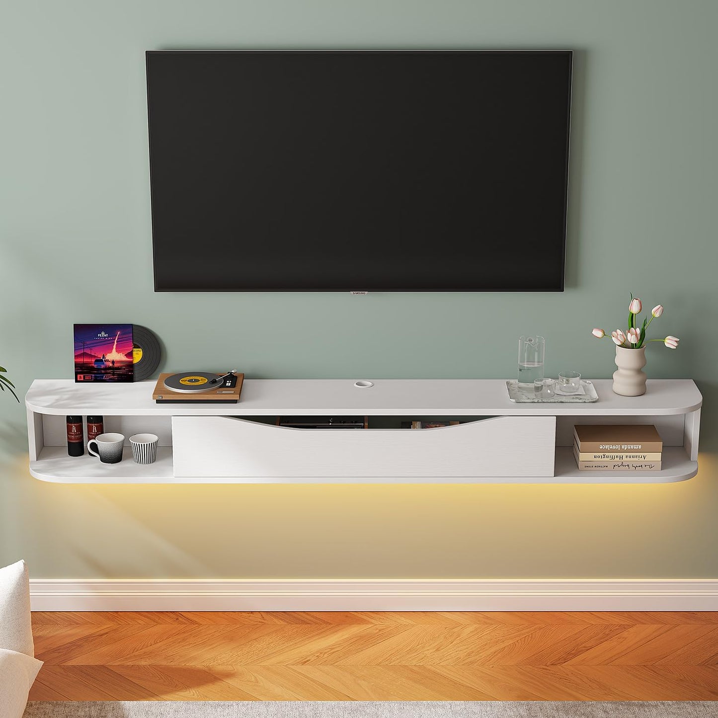 Floating TV Stand,47'' Wall Mounted TV Cabinet,Floating TV Console,Under TV Shelf with 1 Door and 2 Cabinets for TVs up to 55''(White)