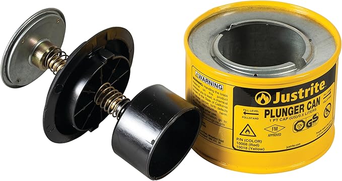 Justrite Plunger Can for Solvents, 1 Pint Capacity, 5.25" x 4.9" Steel Push-Down Solvent Dispenser Can, Made in The USA Industrial Mechanic Tools, Yellow, 10018