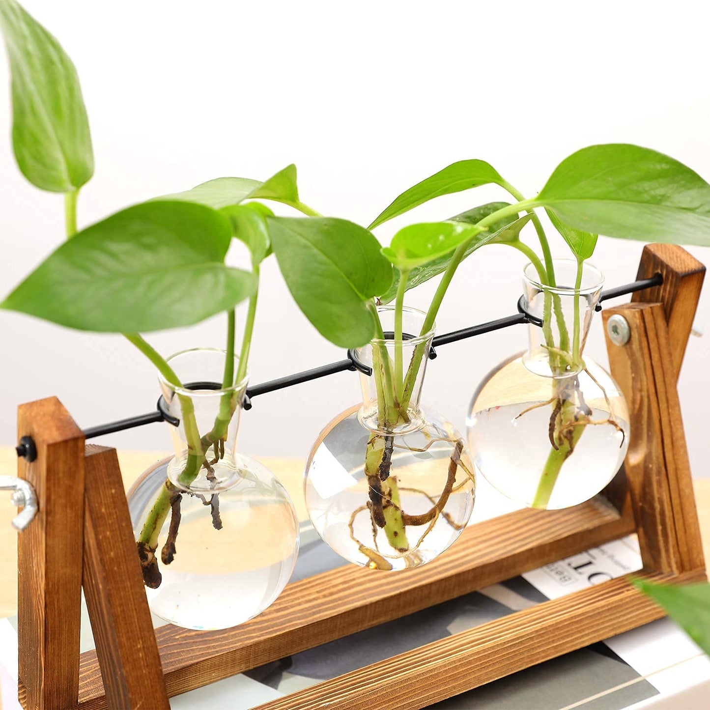Kingbuy Desktop Glass Planter Iron and Wooden Stand Plant Terrariums for Indoor Office Desk Decor Accessories, 3 Bulb Vases, Brown