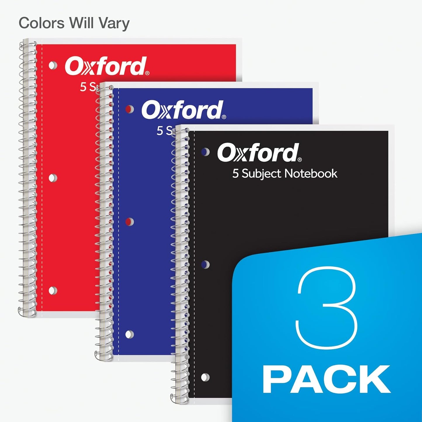 Oxford Spiral Notebooks, 3 Pack, 5 Subject, College Ruled Notebooks for School, 8 x 10.5 Inches, 180 Sheets, 4 Dividers, Assorted Colors, Back to School Supplies (65203)