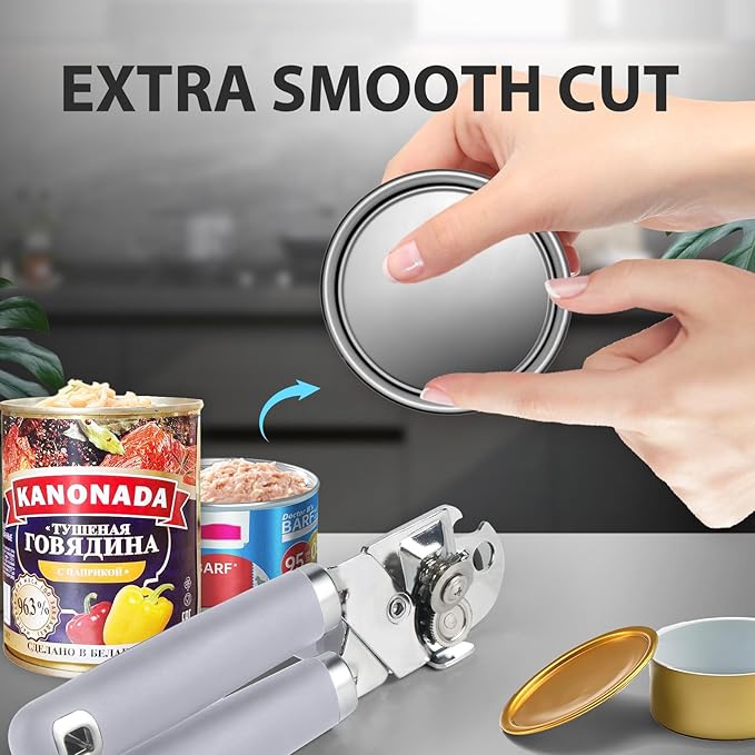 Can Opener Manual, Heavy Duty Handheld Strong Can Opener with Soft Touch Handle, Sharp Blade Smooth Edge, Can Openers with Multifunctional Bottle Opener, Lavender