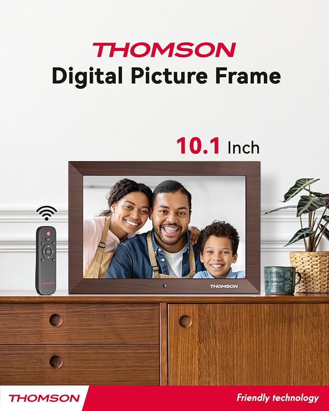 10.1" Digital Picture Frame with Remote Control, 1280 * 800 IPS Full View Ultra Clear Screen, Wooden Frame, Share Videos Photos Send Wishes Auto-Rotate Slideshow Non-WiFi