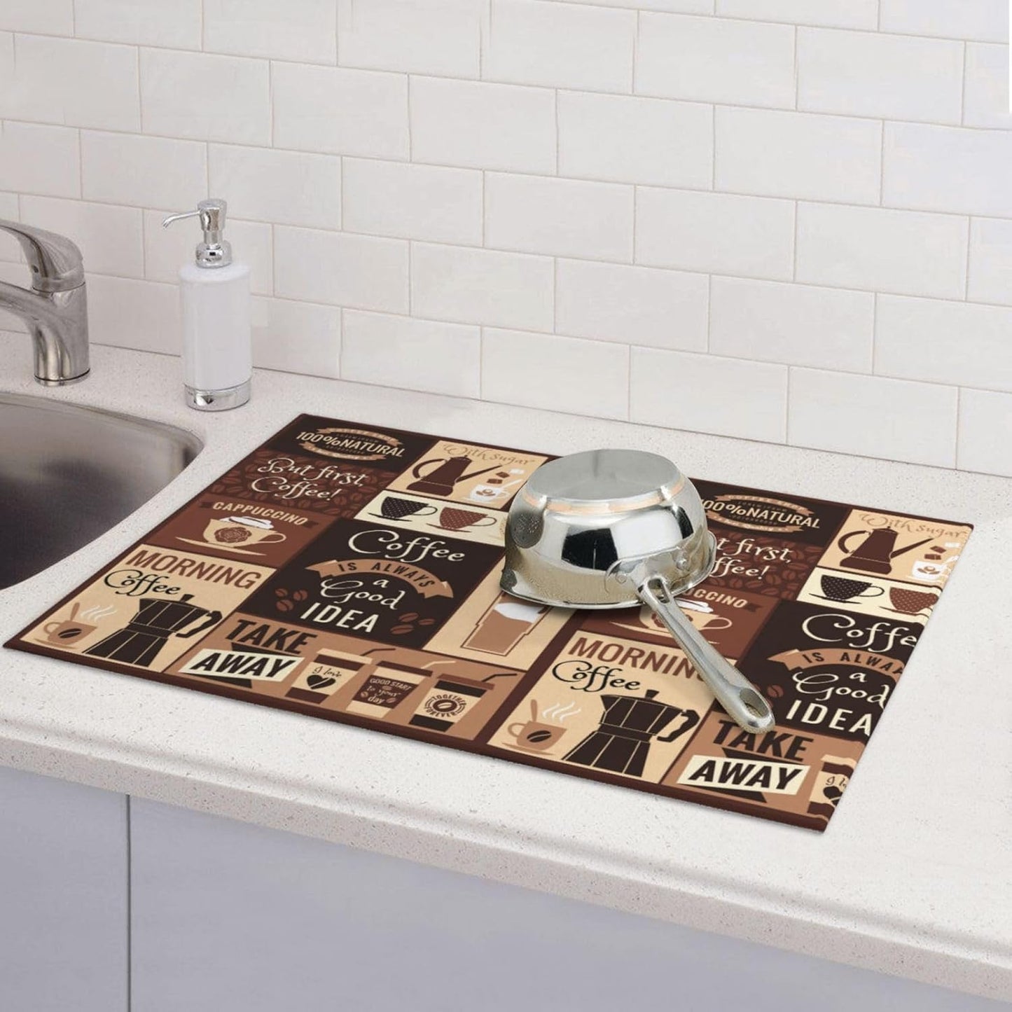 Dish Drying Mat Retro Coffee Pattern for Kitchen Counter Absorbent Dishes Drainer Microfiber Large 18x24 Inch