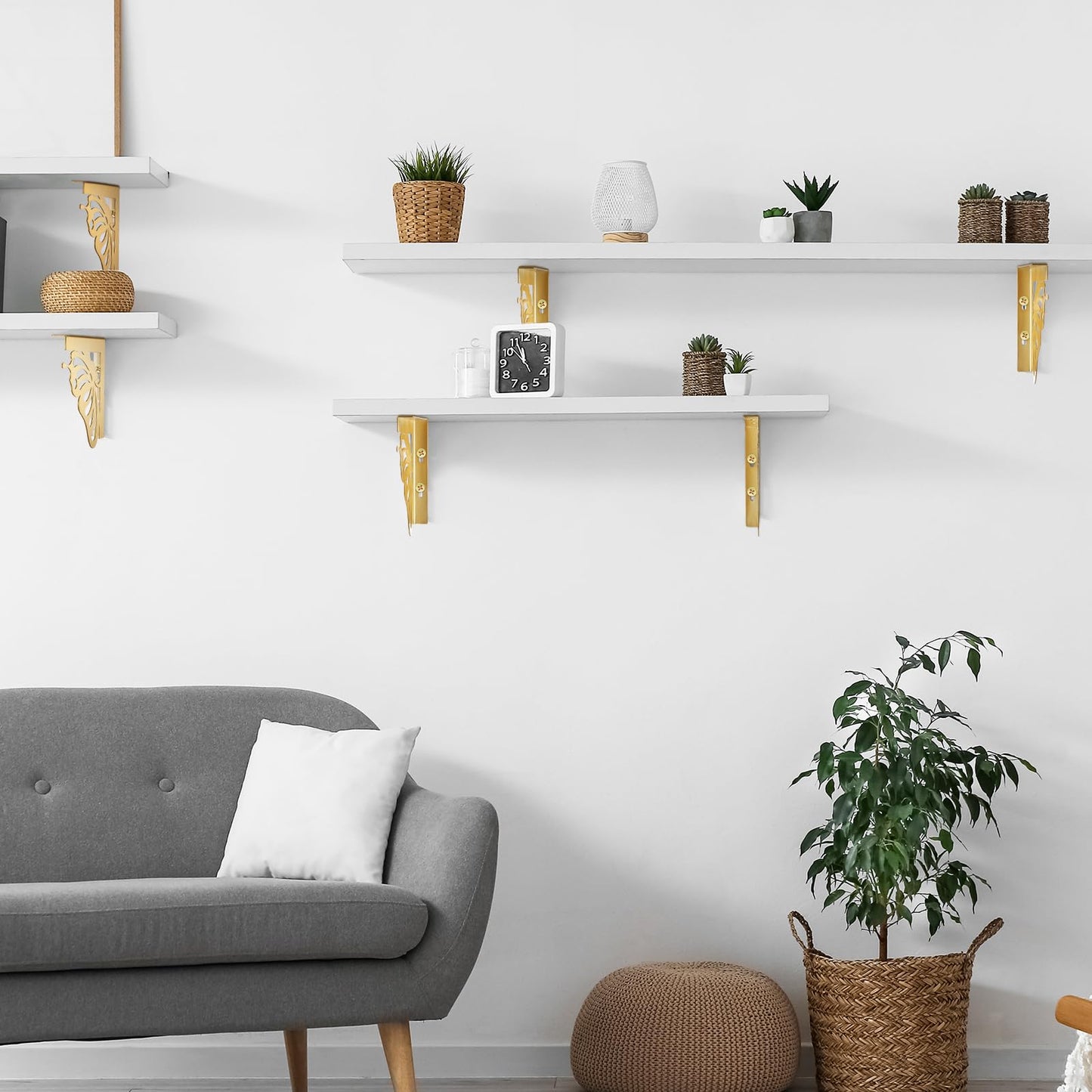 Colingmill 4 Pcs Decorative Gold Shelf Brackets Heavy Duty Antique Brass Shelf Brackets 4.6 Inch Butterfly Wall Mount Shelving Bracket for DIY Floating Shelves Living Room Bedroom Kitchen Decor