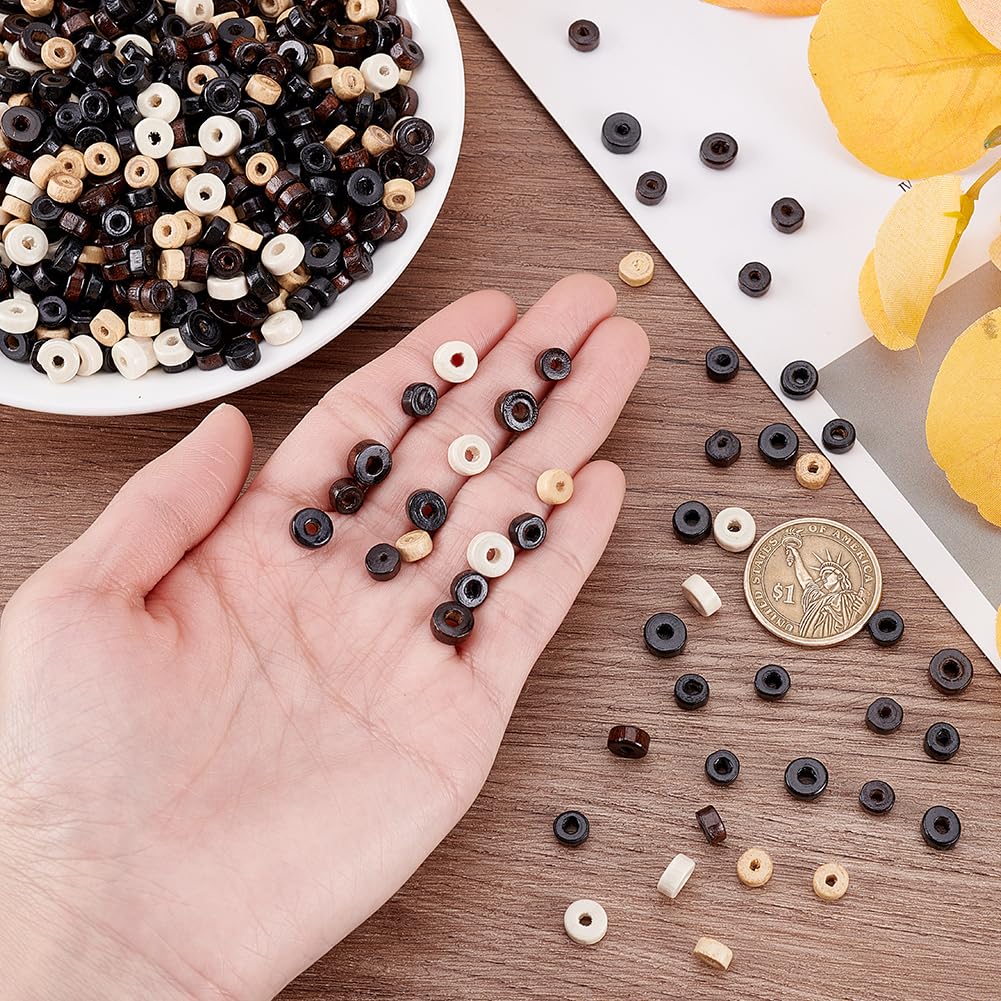 PH PandaHall 2400pcs Flat Round Wood Beads 3 Colors Wood Coin Beads Yellow/Brown/Black Wooden Loose Spacer Bead Unfinished Disc for Jewelry Necklace Bracelet Craft Making Home Macrame, 8mm/6mm